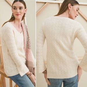 Chico’s Cable Knit V Neck Sweater 2 Large ivory bone cream pointelle bell sleeve